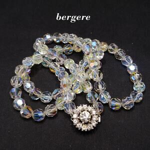 Bergere Aurora Borealis Crystal Long Necklace,  Rhinestone Clasp, 1960s Vintage